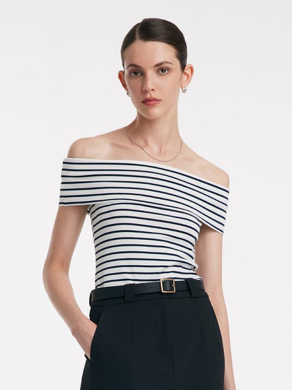 Off Shoulder Striped Slim Top at GOELIA