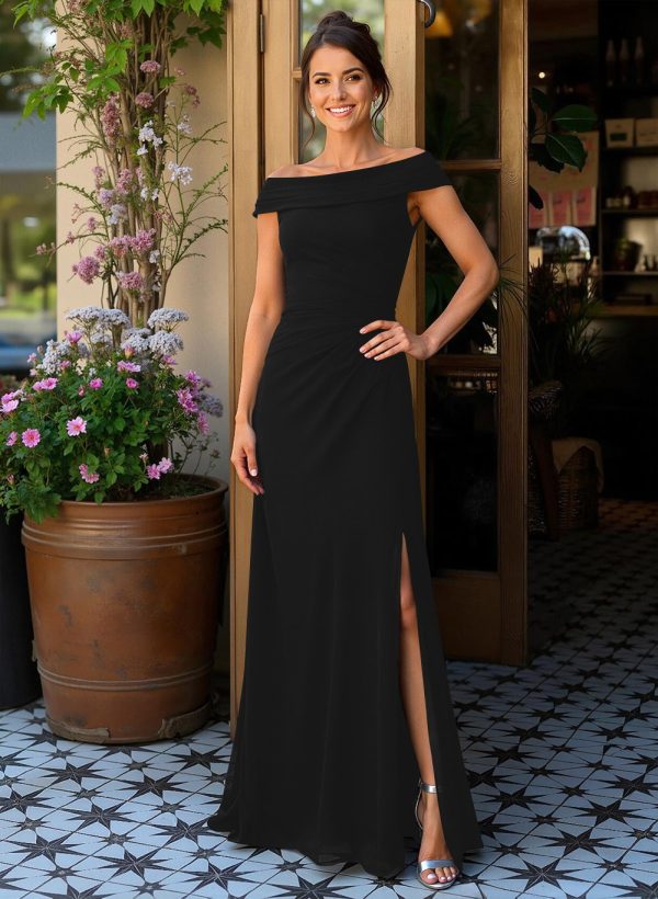 Elegant Off-The-Shoulder Sleeveless Sweep Train Chiffon Evening Dresses With High Split at Missacc