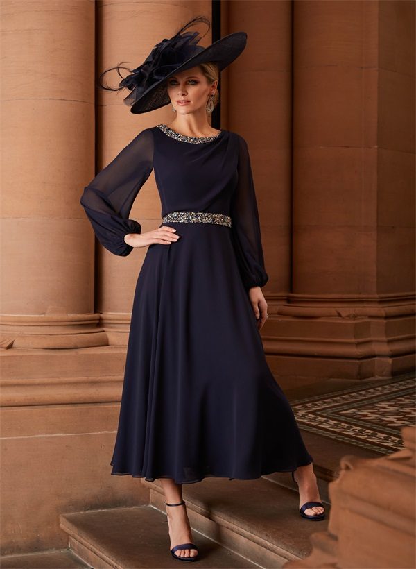 A-Line Scoop Neck Long Sleeves High Waist Chiffon Tea-Length Mother Of The Bride Dresses With Beading at Missacc