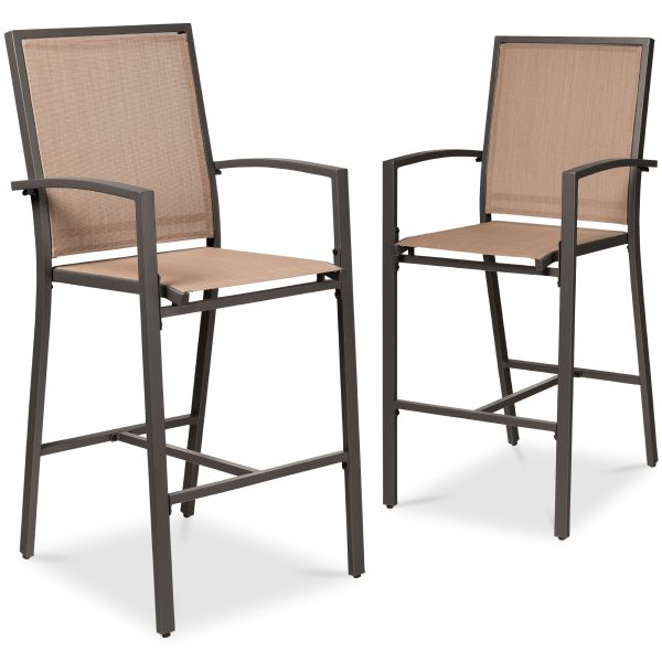 Set of 2 Outdoor Barstools, Patio Chairs w/ Footrests, All-Weather Mesh - Brown/Light Brown at Best Choice Products