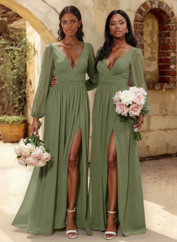 A-Line Plunge Neck Long Sleeves Floor-Length Chiffon Bridesmaid Dresses With Split Front at Missacc
