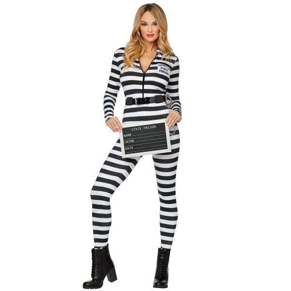 Adult Jailbird Catsuit Costume, Black/White, X Small - Spirit Halloween at SpiritHalloween.com