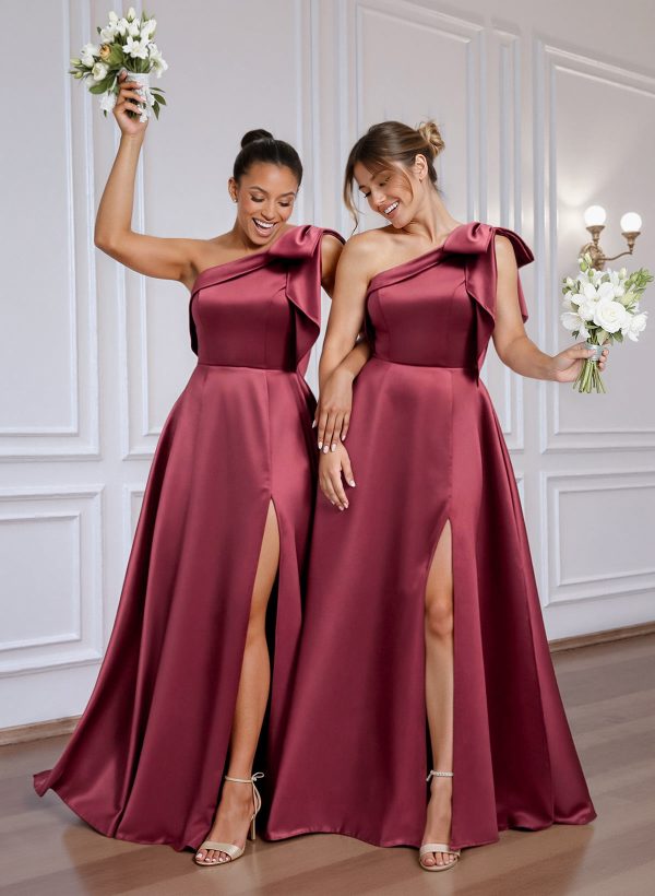 A-Line One-Shoulder Floor-Length Satin Bridesmaid Dresses With Bow(s)/High Split at Missacc