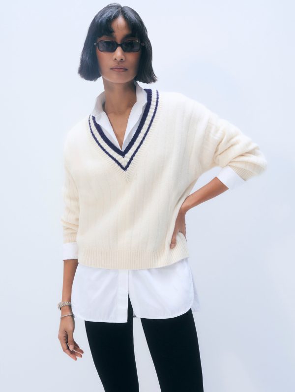 White & Warren Cashmere Varsity V Neck Sweater in Soft White/navy in Soft White/navy size Medium at White and Warren