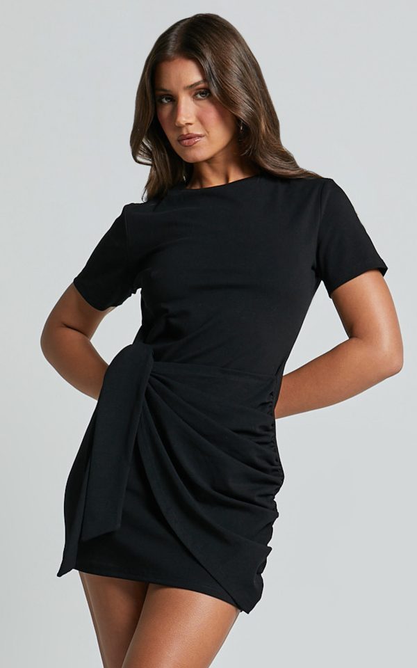 Candace Mini Dress - Faux Wrap Shift Dress in Black at Showpo