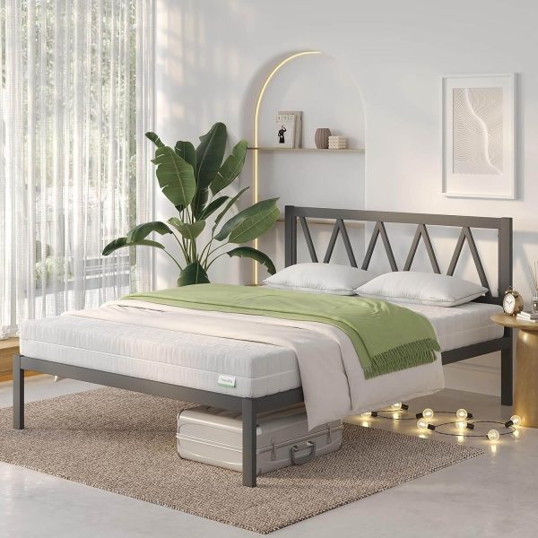 Novilla Metal Platform Bed Frame with Headboard | Wood Slat Support | Durable & Safe | Easy Assembly | White, Queen Size
