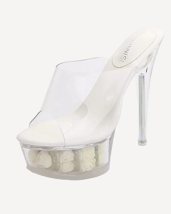 Rose Flower Clear Platform High Heel Mule Slides - White / EU43 at AVIDLOVE