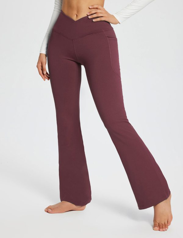 Laureate Women's 29" Crossover High-Waisted Flare Yoga Pants - Wine / XS at Baleaf