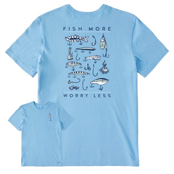 Life is Good Men's Fish More Worry Less Hooks and Tackle Crusher Short Sleeve T-Shirt in Cool Blue Size XL | 100% Cotton