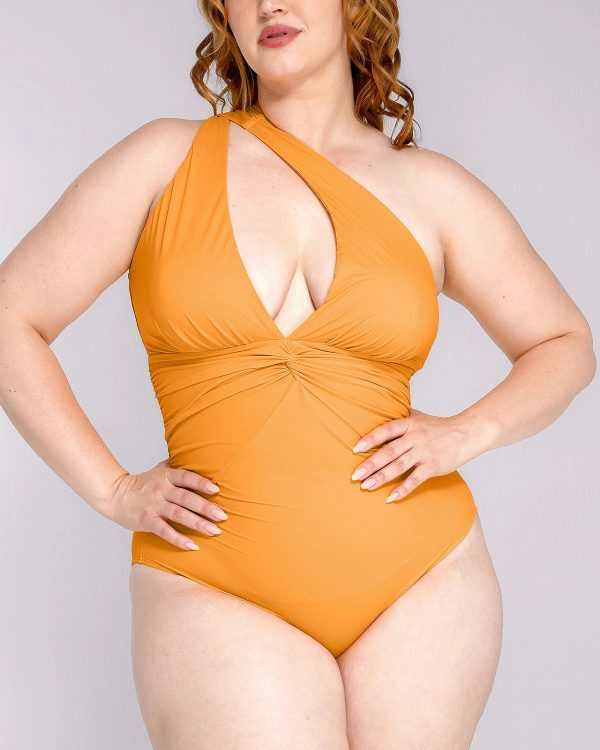 Smart Sculpt™ Ruched Twist-Front Tummy Control Swimsuit - Orange Yellow / 2X at Shapellx