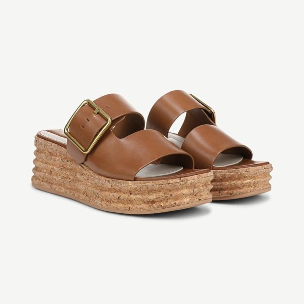 Franco Sarto Shoes Franco Taziana Espadrille Slide Sandal (Fawn Brown Leather) 11.0 M Round Toe, Platform Heels, Wedge Heels, Buckle Closure