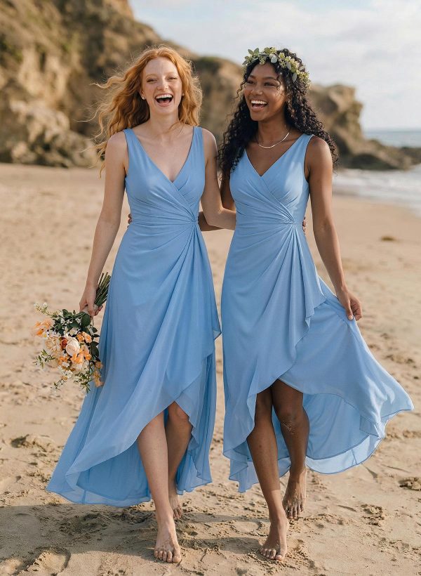 A-Line V-Neck Floor-Length Chiffon Bridesmaid Dresses With Split Front at Missacc