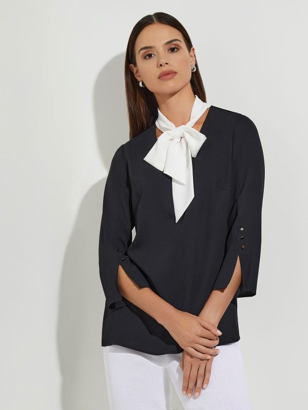 Contrast Tie V-Neck Crepe de Chine Blouse at Misook