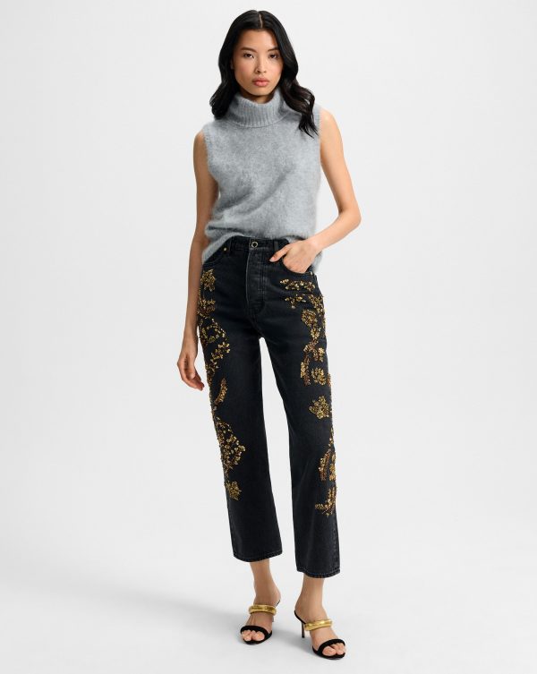Veronica Beard Daniela Embellished Straight-Leg Jean Washed Onyx