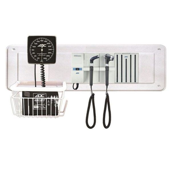 ADC Adstation 5681-36 3.5V Wall PMV Otoscope/Throat Illuminator Diagnostic Set with Wallboard - LED Oto|Xenon Throat Illuminator|Dispenser|Aneroid at MFI Medical