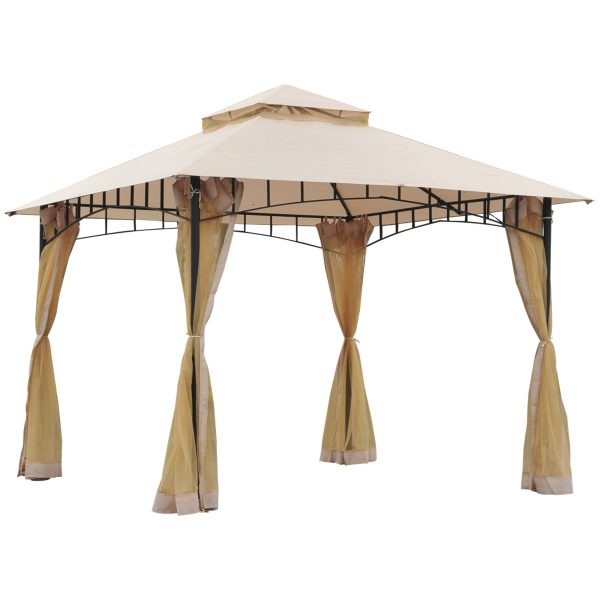Outsunny 10' x 10' Outdoor Patio Gazebo Canopy Tent with Mesh Sidewalls, 2-Tier Canopy for Backyard, Beige at Aosom.com