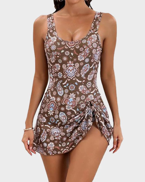 Floral Print Tummy Control Swimdress, Brown Floral · XL at Vibecurve