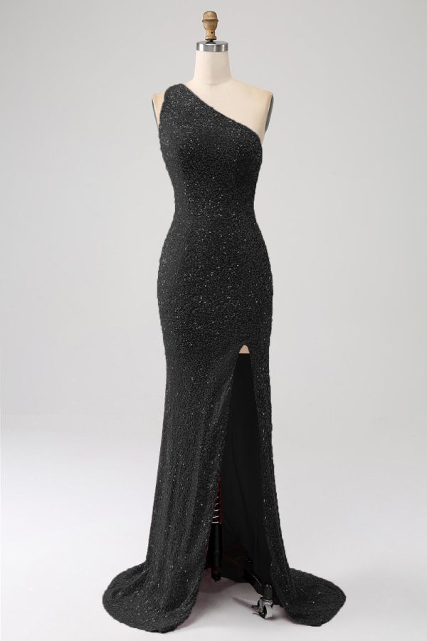 Fuchsia Mermaid One Shoulder Sparkly Sequins Prom Dress with Slit - Black / US10 at Zapaka