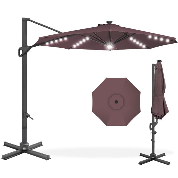 360-Degree Solar LED Cantilever Offset Patio Umbrella w/ Tilt - 10ft - Deep Taupe at Best Choice Products