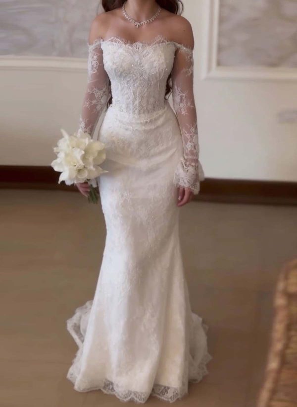 Trumpet Mermaid Off-The-Shoulder Long Sleeves Sweep Train Lace Tulle Elastic Satin Wedding Dresses With Beading Flower at Missacc