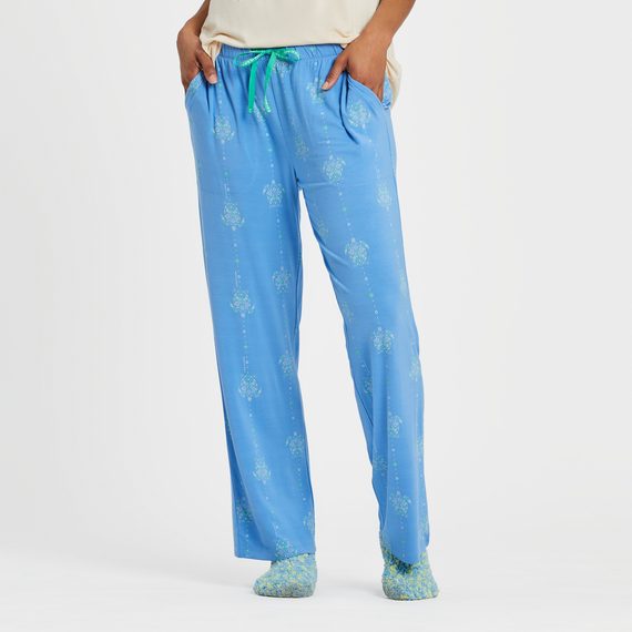 Life is Good Women's Turtle Mosaic Pattern Lightweight Sleep Pants in Cornflower Blue Size Small | Blended Fabric