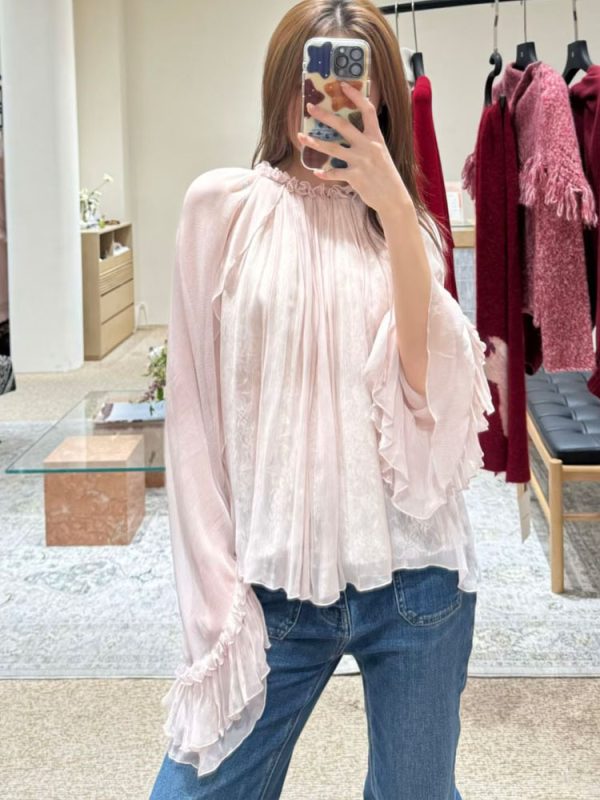 Lace ruffled loose top, stylish and high-end, versatile pink tops for women in 2026 summer collection at AliExpress