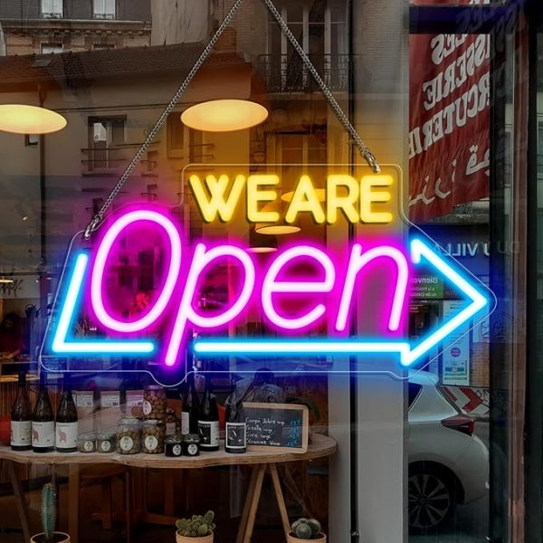 16.1"X 7.8" LED Neon WE ARE Open Sign, Dimmable Open Signs for Business, Bright Blue&Pink&Yellow Neon Open Sign Powered by USB, LED Sign for Coffee Shop Bar Salon Restaurant Pubs at LightingWill