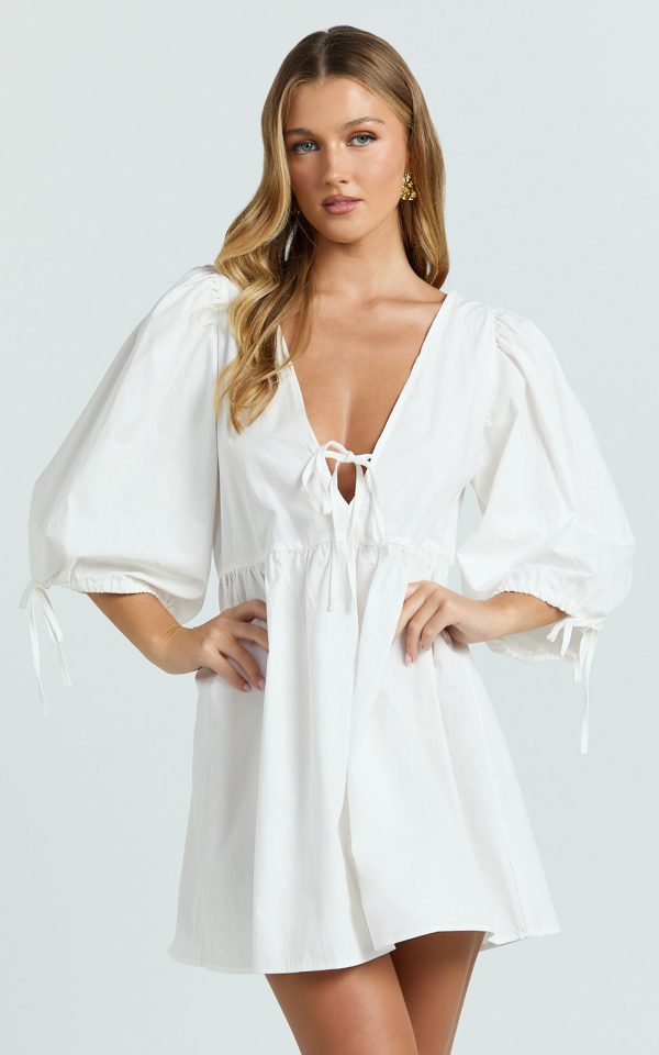 Rosita Mini Dress - Tie Front Puff Sleeve Dress in White at Showpo