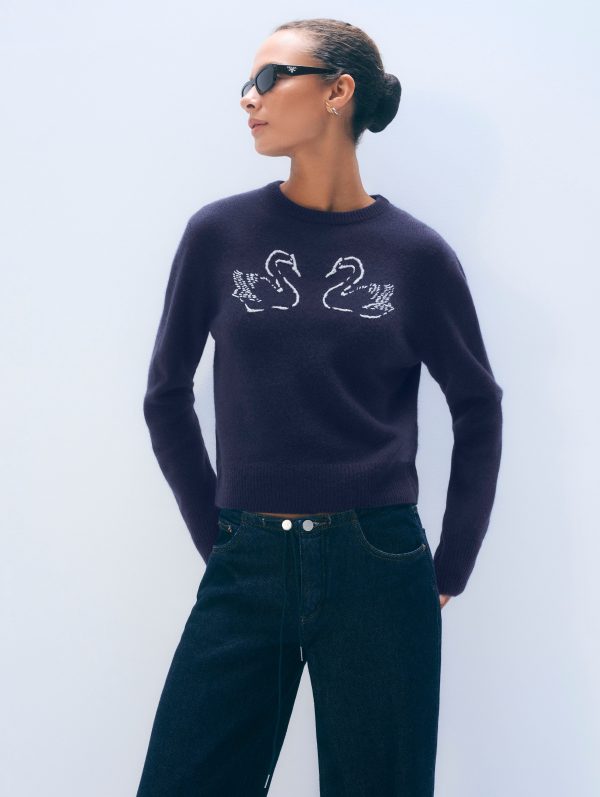 White & Warren Cashmere Blend Embroiedered Swan Sweater in Navy size XS at White and Warren