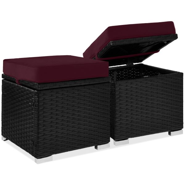Set of 2 Wicker Ottomans, Multipurpose w/ Removable Cushions, Steel Frame - Deep Burgundy/Black at Best Choice Products