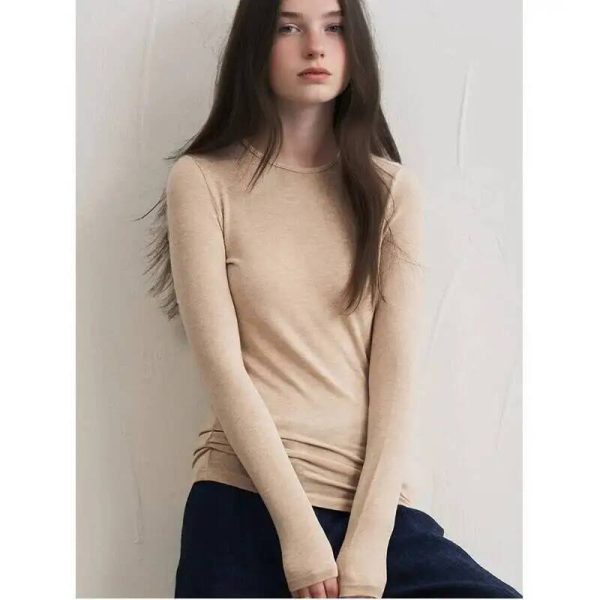 Women Cashmere Blend Long Sleeve Top Autumn Winter Soft Modal Stretch Slim Fit Round Neck Basic Layering Knit T-Shirt at AliExpress