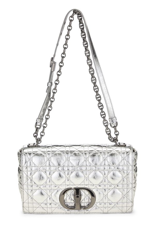 Women's Christian Dior Silver Metallic Cannage Caro Bag Medium in Silver Medium at What Goes Around Comes Around