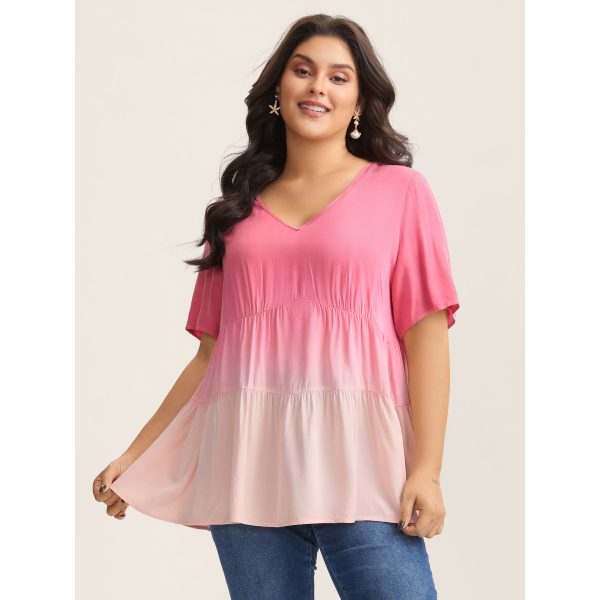BloomChic Women's Plus Size Rayon Tie-Dye V-Neck Tiered Blouse Peach Casual Short sleeve 12/L