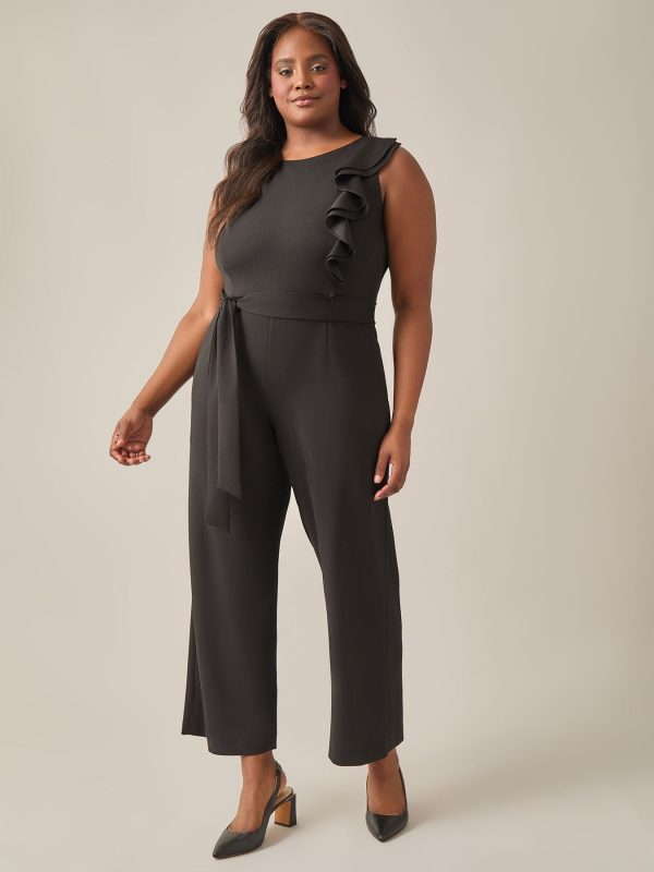 Ruffle Shoulder Jumpsuit, Black at Kasper Clothing