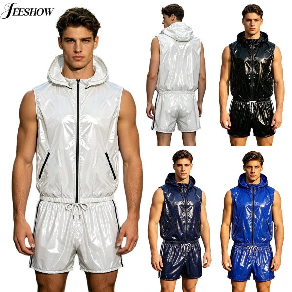 Mens Waterproof Sportwear Tracksuit Front Zipper Sleeveless Hooded Vest with Shorts Built-in Briefs for Gyms Fitness Workout at AliExpress