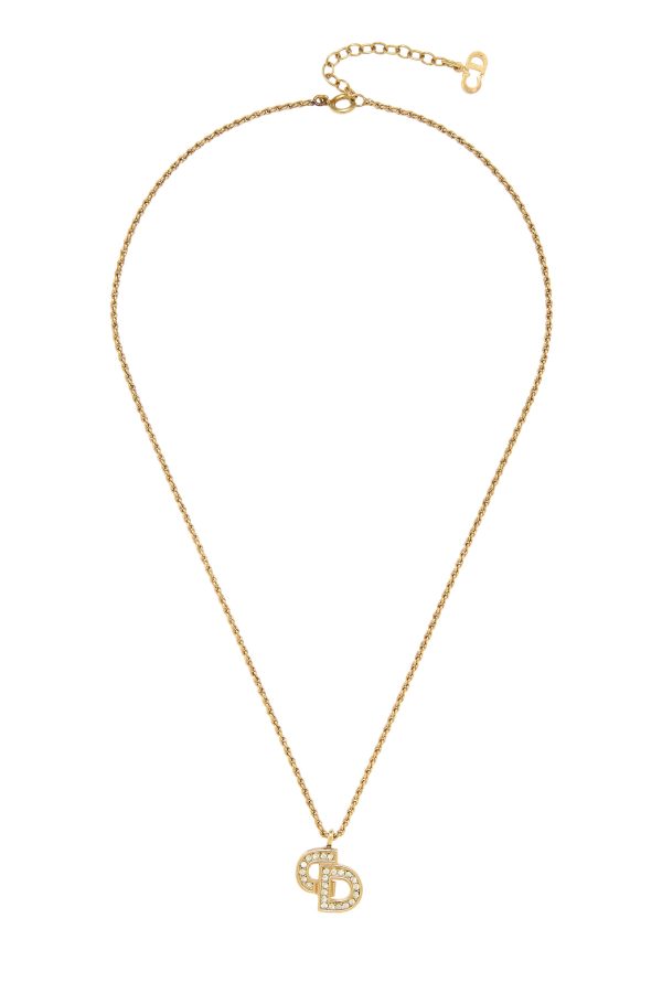Women's Christian Dior Gold & Crystal 'CD' Necklace in Gold at What Goes Around Comes Around