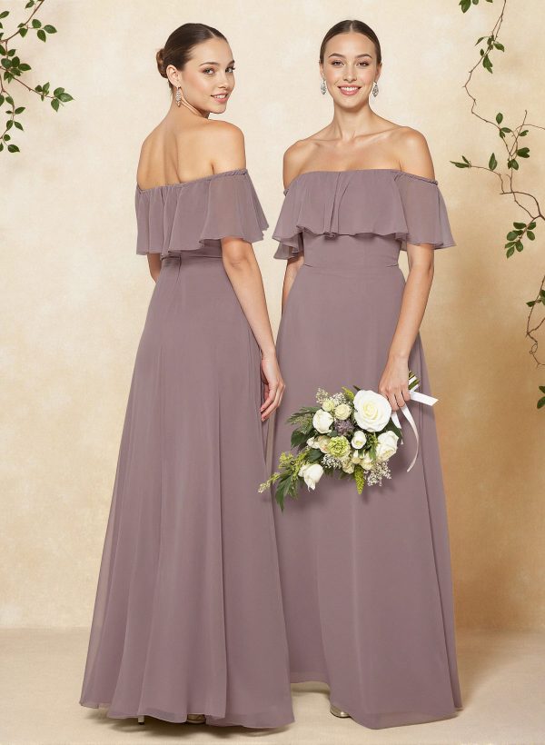 Sweet & Flow Off Shoulder Floor-Length Chiffon Bridesmaid With Ruffle at Missacc