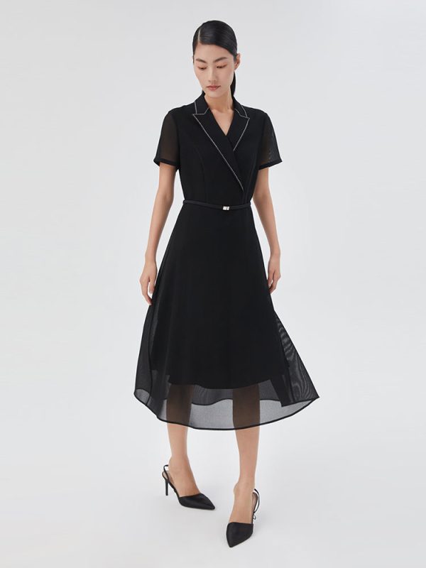 Triacetate Mesh Gathered Waist Midi Dress at GOELIA