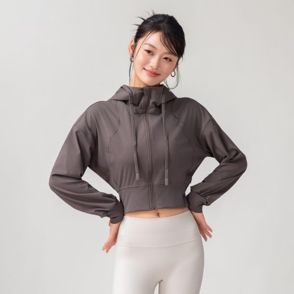 Women's Solid Color Casual Stand Collar Hooded Sports Yoga Top Leisure Simple Slim Long Sleeves Zipper Short Top at AliExpress
