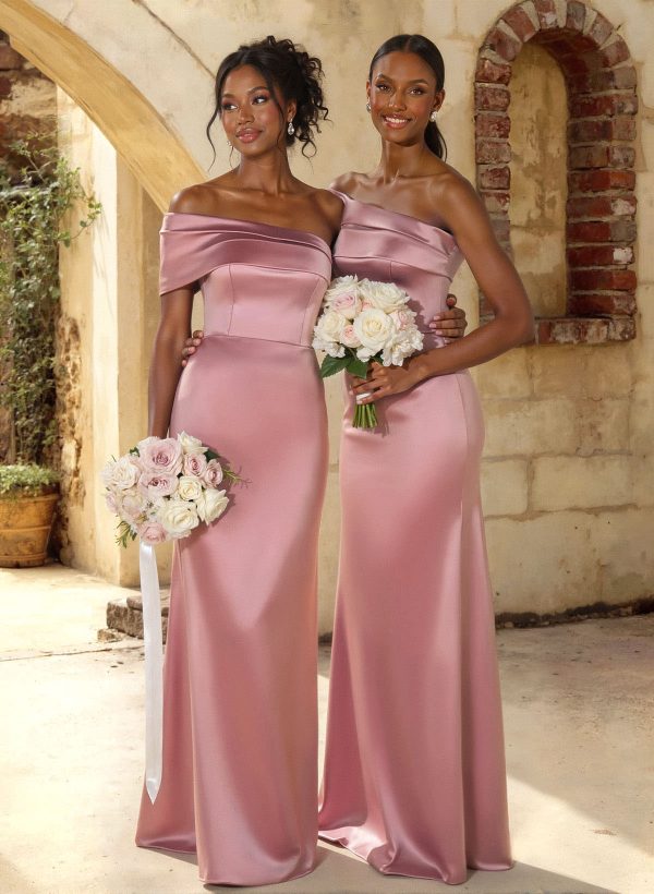 A-Line Off-The-Shoulder Sleeveless Floor-Length Satin Bridesmaid Dresses at Missacc