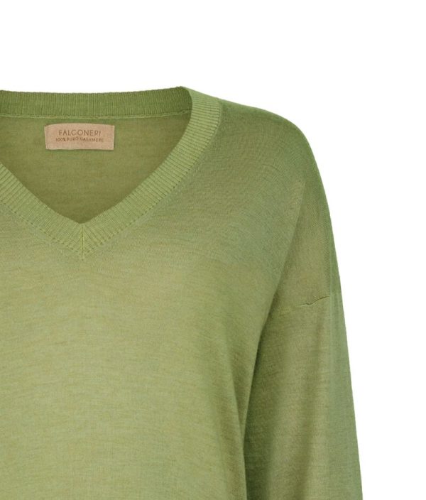 Falconeri Cashmere V-Neck Sweater with Slits Woman Basil Garment-dyed Size L
