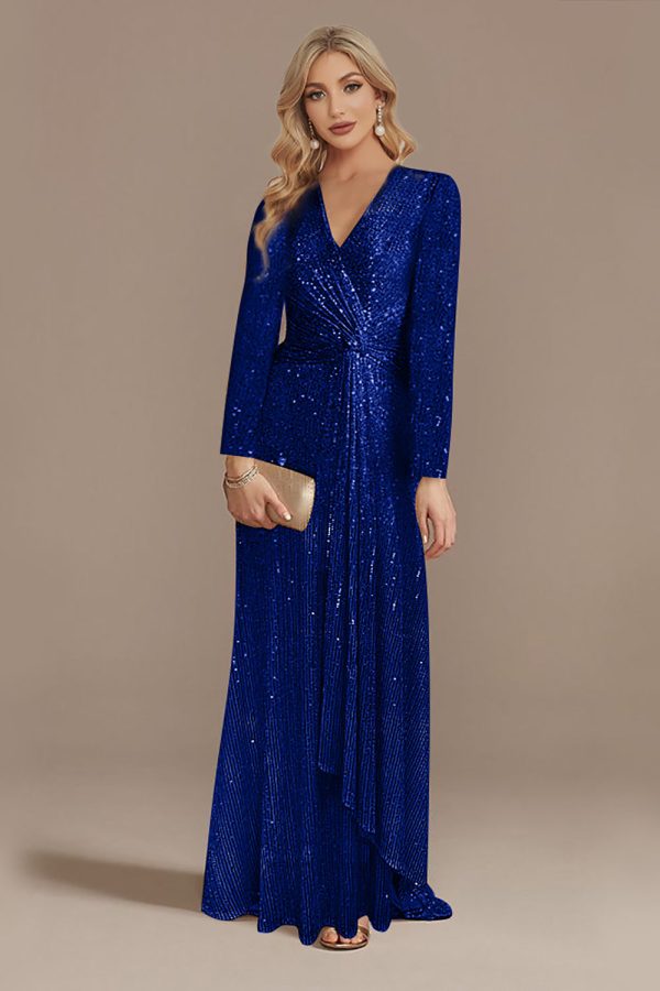 Sparkly Navy A-Line V-Neck Mother Of Bride Dress with Long Sleeves - Royal Blue / US4 at Zapaka