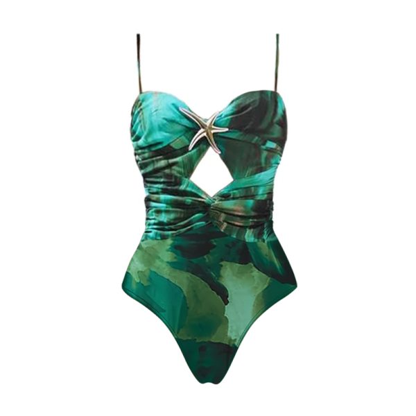 Flaxmaker Green Printed Pleated Swimsuit & Skirt Set, Only swimsuit · L at Vibecurve