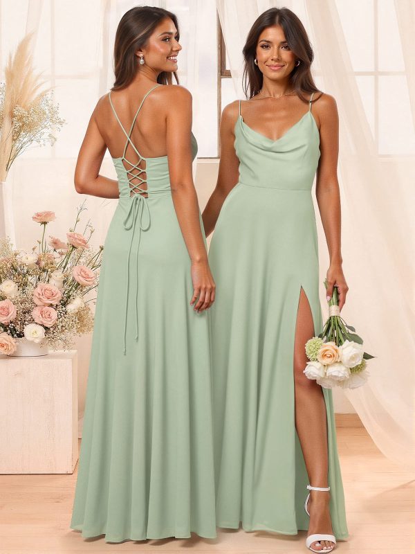 A-Line Cowl Neck Sleeveless Floor-Length Chiffon Bridesmaid Dresses With Split Front at Missacc