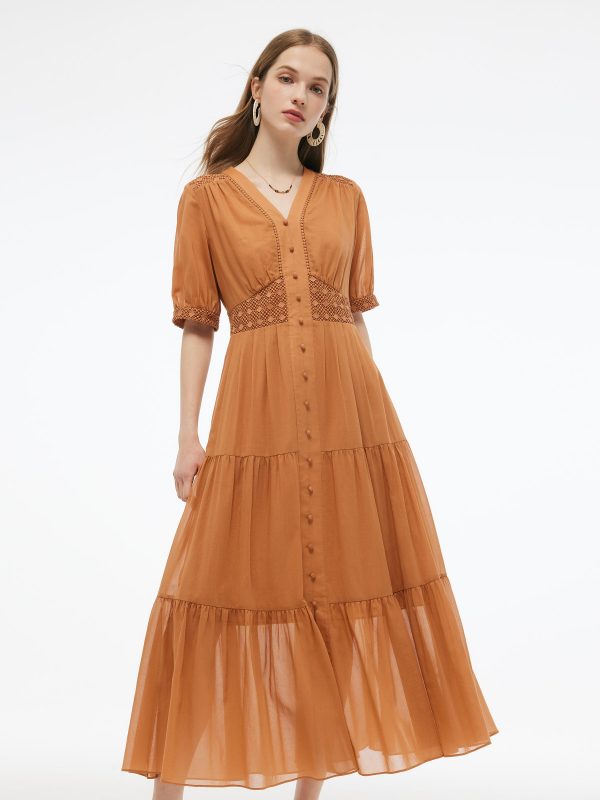 100% Cotton Patchwork Lace Embroidered Women Maxi Dress at GOELIA
