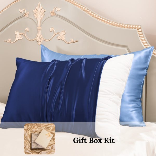 23mm 6A+ 100% Mulberry Silk Pillowcase 2 Pack Mixed Colors-New Year Gift Kit - Queen / Baby Blue+Navy Blue at Promeed