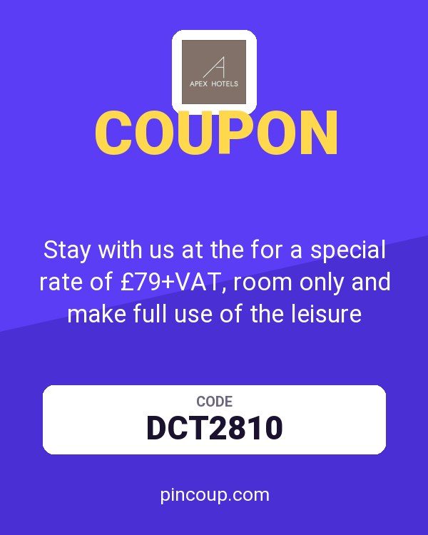 Apex Hotels coupon: Stay with us at the for a special rate of £79+VAT, room only and make full use of the leisure facilities. Use code DCT2810