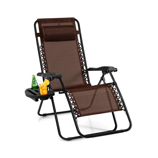 Outdoor Folding Zero Gravity Reclining Lounge Chair with Utility Tray-Brown at Costway