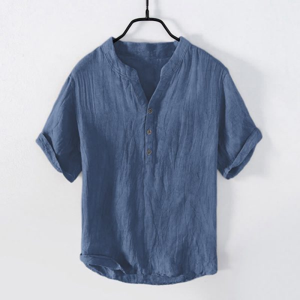 Buddha Stones Solid Color Short Sleeve Half Button Shirt Cotton Linen Men Clothing - Short Sleeve / SteelBlue / US/UK/AU44，EU54 (2XL) at buddhastoneshop