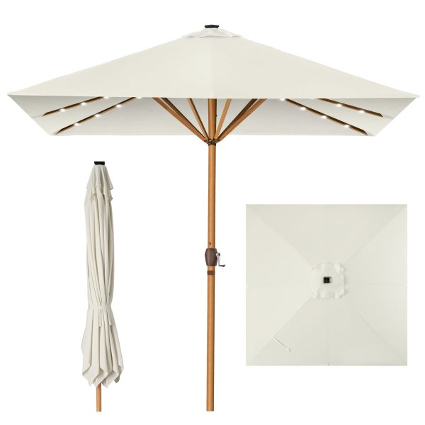 Square Solar LED Lighted Patio Umbrella w/ Woodgrain Pattern - 9ft - Ivory at Best Choice Products